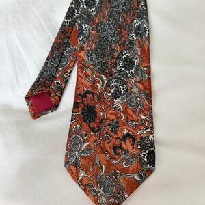 NINA RICCI Paris Silk Necktie Floral Damask Baroque Print Rust Orange Luxury
